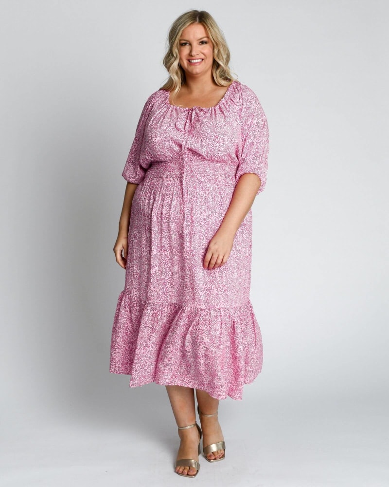 Front of a model wearing a size 12 Diana Prairie Dress in Abstract Plum by Dani Marie US. | dia_product_style_image_id:233394